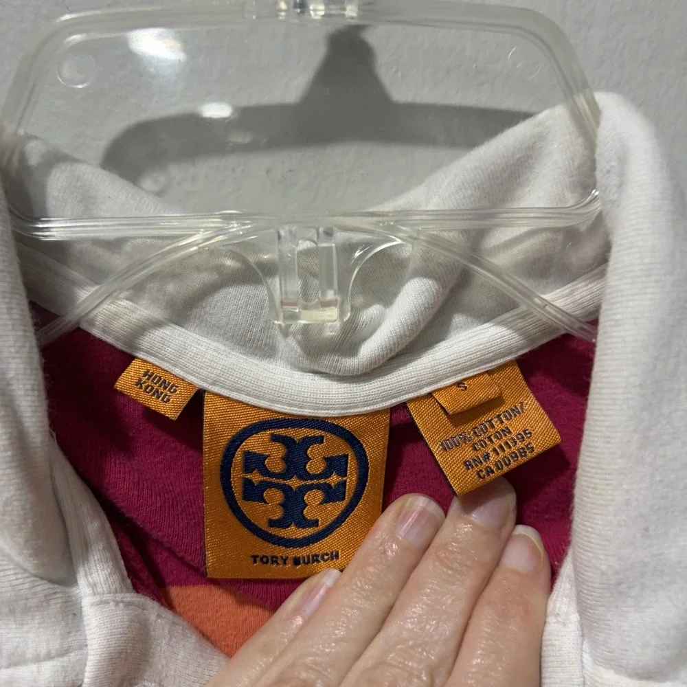 Tory Burch pink and Orange striped‎ polo tee Small Gold Buttons Cotton Preppy